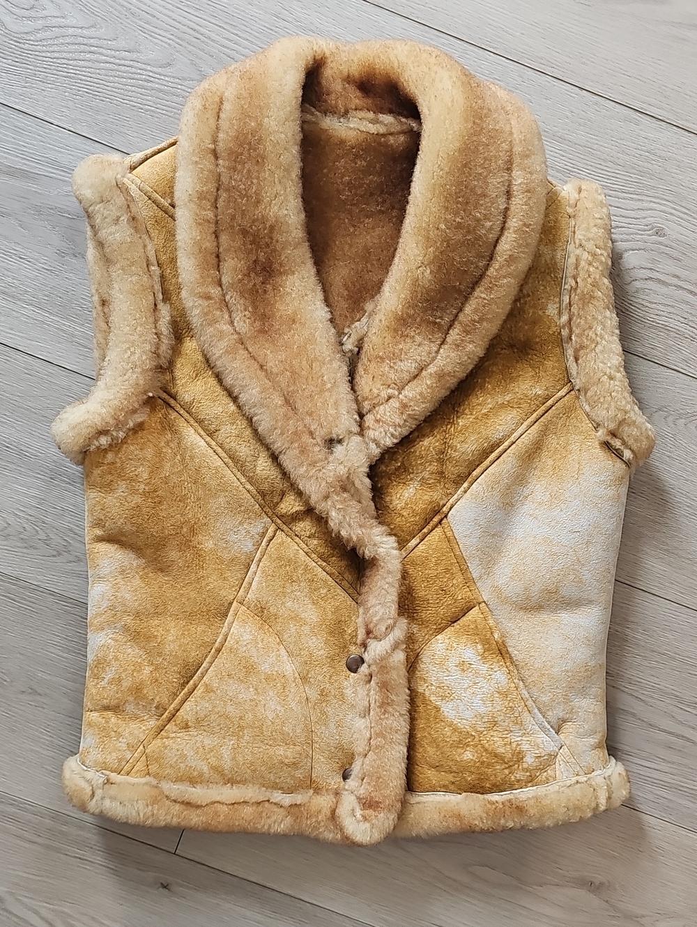 Vintage 70s Shearling Sheepskin Vest Shawl Collar Boho Hippie Western Gilet, Sm